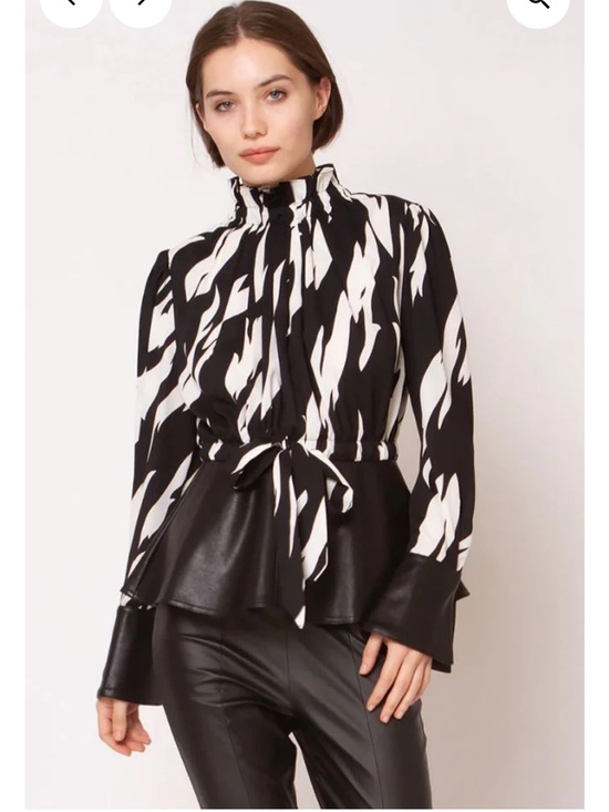 Gracia Tops - Gracia Black and White Abstract Tie-Waist Peplum Blouse